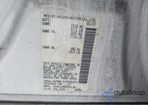 2013 Nissan Altima 2.5 Sl z USA, uszkodzony, nr VIN 1N4AL3AP9DC199665